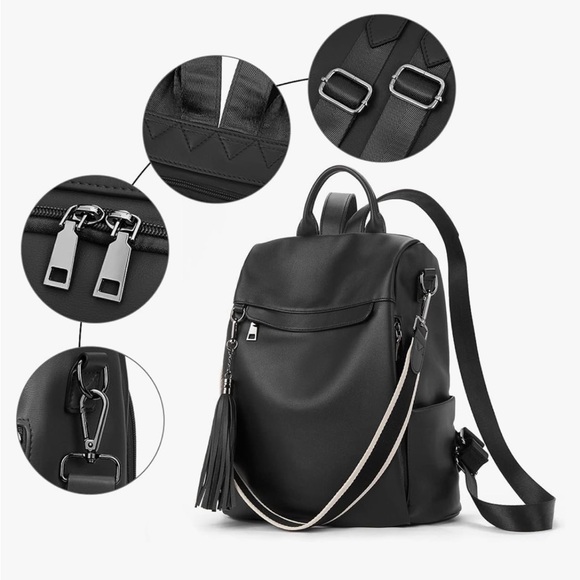 Black Backpack Purse for Women, PU Leather Anti Theft Travel with Tassel - Picture 9 of 11